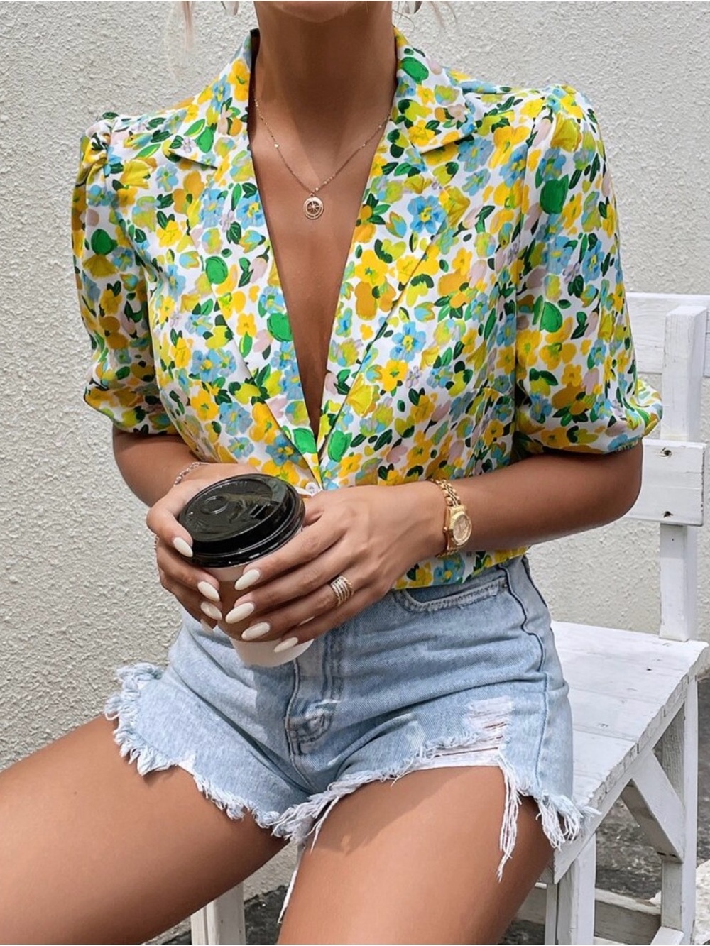 SHEIN Yellow & Green Floral V-Neck Short Sleeve Blouse